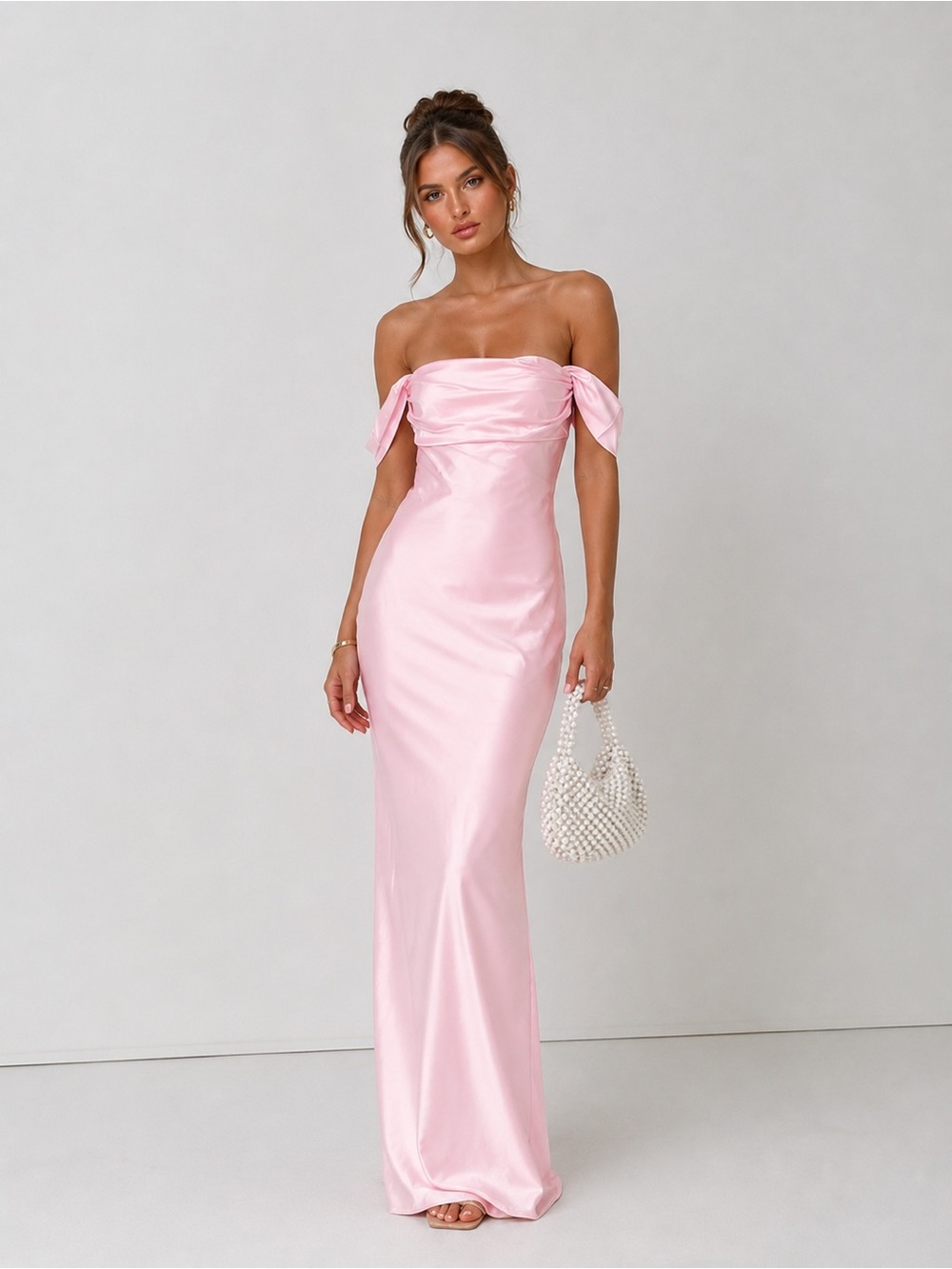 Princess Polly Satin Blush Pink Off-Shoulder Maxi Dress